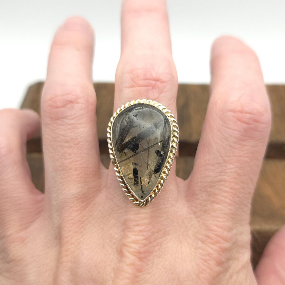 Size 8.75 Sterling Silver Rutilated Quartz Large Stone Ring A1086